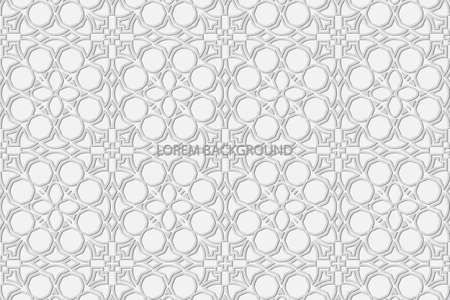 Geometric volumetric convex ethnic 3D pattern, cover design. Embossed decorative white background, arabesque. Oriental, Indonesian, Asian original motives, texture with ornaments.のイラスト素材