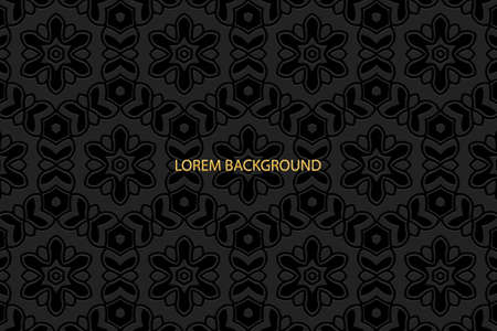 Geometric volumetric convex ethnic 3D pattern, cover design. Embossed vintage stylish black background, handmade ornament. Oriental, Indonesian, Mexican, Aztec motives.のイラスト素材