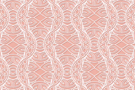 Geometric volumetric convex ethnic white 3D pattern, original cover design. Embossed pink background, arabesque. Cut paper effect, openwork lace texture. Oriental, Indonesian, Asian motives.のイラスト素材