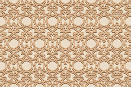Geometric volumetric convex ethnic 3D pattern. Embossed abstract beige background. Cut paper effect, openwork lace texture, arabesque. Oriental, Indonesian, Asian motives.のイラスト素材