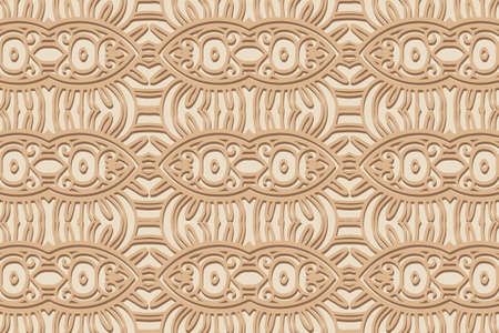 Geometric volumetric convex ethnic 3D pattern. Embossed beautiful beige background. Cut paper effect, openwork lace texture, arabesque. Oriental, Indonesian, Asian motives.のイラスト素材