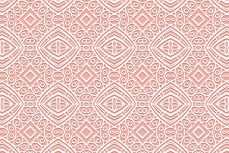 Geometric volumetric convex ethnic white 3D pattern, trendy cover design. Embossed pink background, arabesque. Cut paper effect, openwork lace texture. Oriental, Indonesian, Asian motives.のイラスト素材
