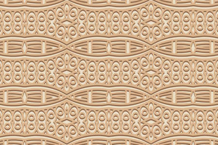 Geometric volumetric convex ethnic 3D pattern. Embossed stylish beige background. Cut paper effect, openwork lace texture, arabesque. Oriental, Indonesian, Asian motives.のイラスト素材