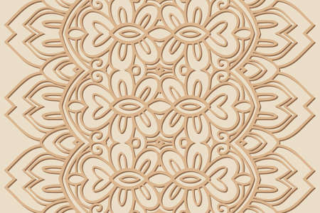 Geometric volumetric convex ethnic 3D pattern. Embossed original beige background. Cut paper effect, openwork lace texture, arabesque. Oriental, Indonesian, Asian motives.のイラスト素材