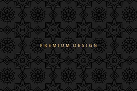 Geometric volumetric convex ethnic 3D pattern, cover design. Embossed vintage black background, ornament in the technique of doodling, arabesque. National oriental, Indonesian, Asian, Mexican, Aztec.のイラスト素材