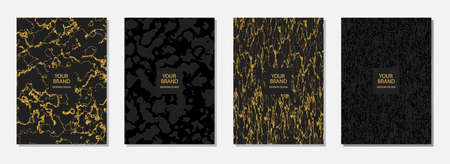 Cover design set, vertical vector templates. Geometric embossed, gold grunge pattern on a black background with frame for text. Vector graphics for presentations, business pages, brochures, invitationのイラスト素材