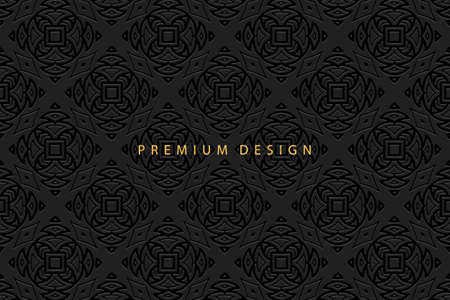 Geometric volumetric convex ethnic 3D pattern, cover design. Embossed black background, original...