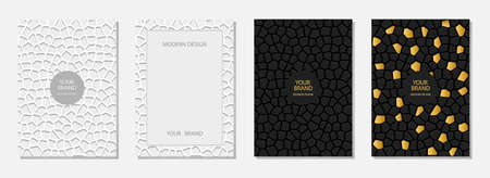 Cover design set, vertical vector templates. Geometric original 3D, embossed, mosaic pattern, frame for text. Vector graphics for presentations, business pages, brochures, invitations, menus.のイラスト素材