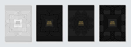 Set of cover design, vertical templates.Geometric volumetric convex ethnic 3D pattern, collection of...