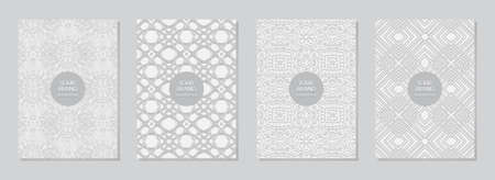Set of cover design, vertical vector templates.Geometric volumetric convex ethnic 3D pattern, collection of embossed white backgrounds, frame for text. Oriental, Indonesian, Mexican, Aztec motives.のイラスト素材