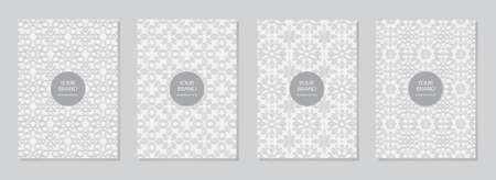 Set of cover design, vertical templates. Geometric volumetric convex ethnic 3D pattern, minimalistic collection of white backgrounds, embossed texture, space for text.Oriental, Indian, Mexican style.のイラスト素材