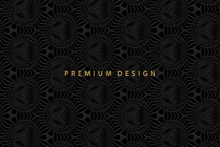 Abstract black background design, banner with geometric volumetric convex ethnic 3D pattern for presentations, booklets, websites. Eastern, Indonesian, Mexican, Aztec style, handmade technique.のイラスト素材