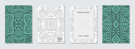 Set of abstract covers, vertical vector templates. Collection of light backgrounds with 3d geometric pattern. Tribal ethnicity, hand drawn style.のイラスト素材