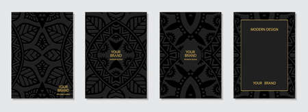 Set of ethnic covers, vertical templates, place for text. Collection of black backgrounds with 3d geometric exotic pattern. Tribal traditions of the East, Asia, India, Mexicoのイラスト素材