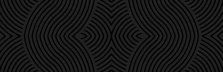 Banner cover design. Embossed ethnic 3D pattern of stripes and lines on a black background, actual...