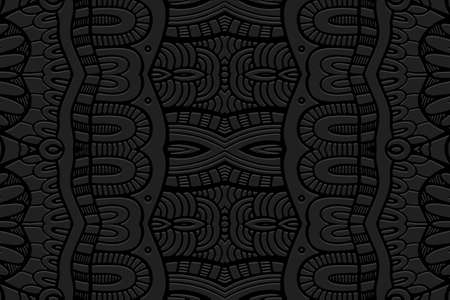 Embossed black background, ethnic cover design. Geometric creative 3D pattern, arabesque, hand drawn...
