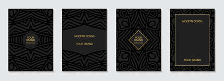 Cover set, vertical templates. Collection of relief black backgrounds with 3d pattern, geometric ornamental ethnic texture. Tribal heritage of the East, Asia, India, Mexico, Aztecsのイラスト素材