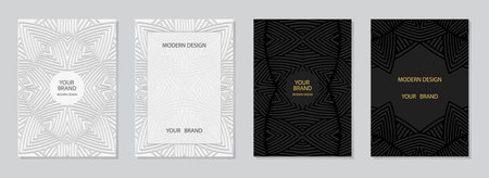 Cover set, vertical templates. Collection of relief backgrounds with 3D pattern, geometric ethnic texture of stripes and lines. Tribal heritage of the East, Asia, India, Mexicoのイラスト素材