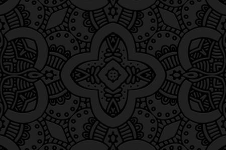 Embossed fantasy black background, ethnic cover design. Geometric vintage 3D pattern, arabesque,...