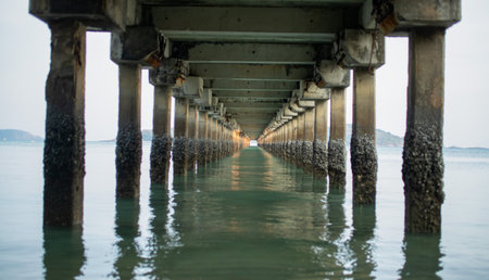 Symmetrical underwater perspective beneath a long tropical pier with barnacle-covered pillars reflected in calm sea water, creating a dramatic geometric vanishing point.