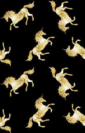 seamless golden glitter unicorn silhouette pattern isolated on black backgroundの写真素材
