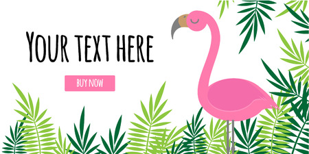 Tropical pattern leaves green and pink flamingo summer frame text card banner isolated on white backgroundのイラスト素材