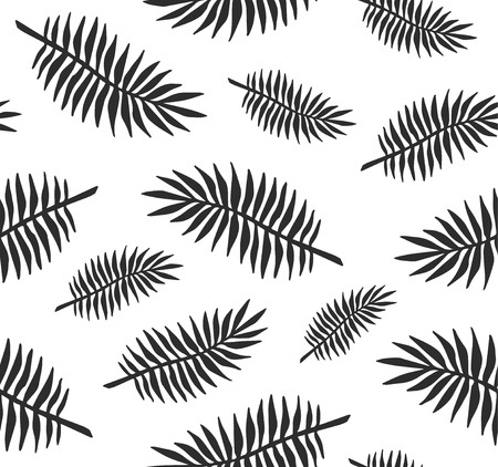 Vector seamless pattern of black ink hand drawn palm tree leaves silhouette isolated on white backgroundのイラスト素材