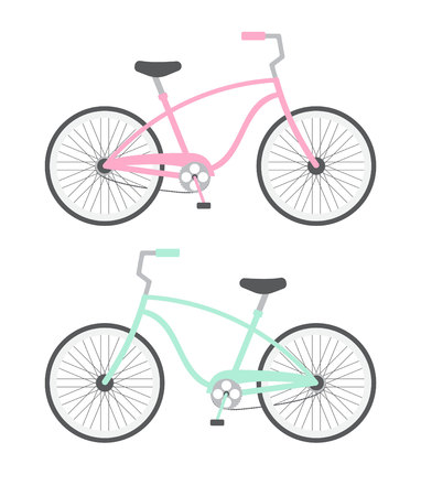 Vector flat cartoon set of two pastel mint and pink cruise city bicycle isolated on white backgroundのイラスト素材