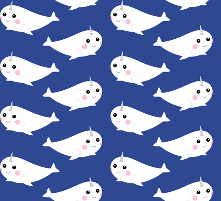 Cute flat cartoon drawn seamless pattern of narwhal on blue backgroundのイラスト素材