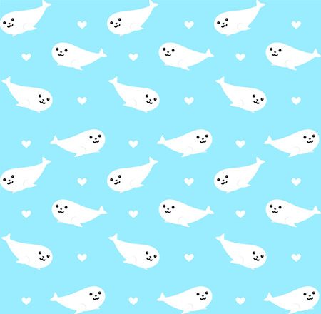 vector seamless pattern of white cute seal sea dog and heart swimming on light blue sea backgroundのイラスト素材