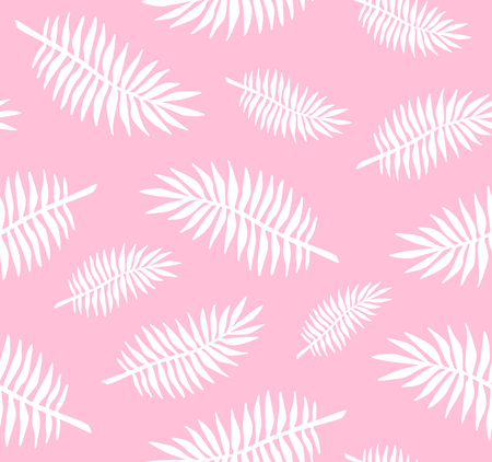 Vector seamless pattern of white hand drawn doodle sketch palm tree leaves isolated on pastel pink backgroundのイラスト素材