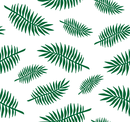Vector seamless pattern of white hand drawn palm tree leaves silhouette isolated on green backgroundのイラスト素材
