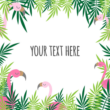 tropical leaves green and pink flamingo summer frame text card banner square isolated on white backgroundのイラスト素材