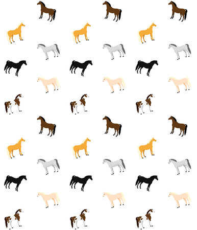 Vector seamless pattern of flat cartoon horses if different colors isolated on white backgroundのイラスト素材