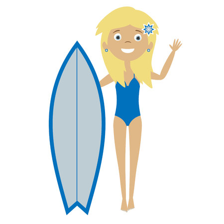 Cute flat cartoon surfer blond girl standing with the blue surf board wearing bikini swimsuitのイラスト素材