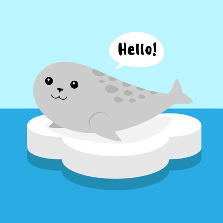 Cute flat cartoon vector gray sea dog seal smiling and saying hello isolated on the white iceのイラスト素材