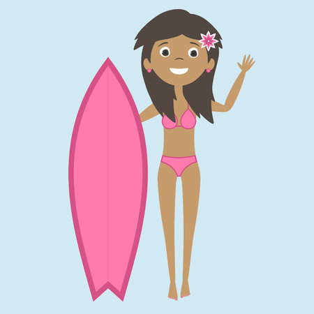 Cute flat cartoon surfer girl standing with the pink surf board wearing bikini swimsuit and wavingのイラスト素材