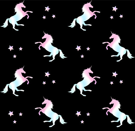 vector seamless unicorn horse stars holographic pattern isolated on black backgroundのイラスト素材