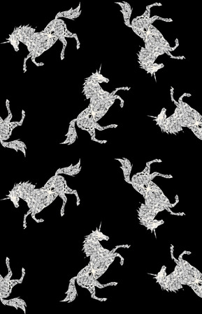 vector silver glitter unicorn pattern isolated on black backgroundの写真素材