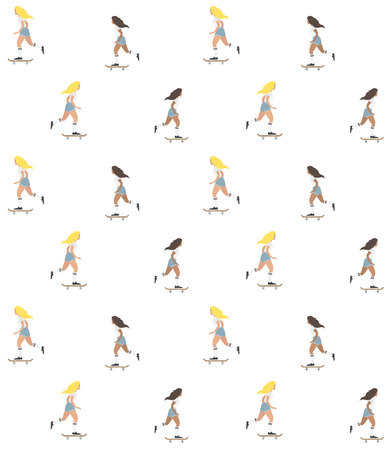 Vector seamless pattern of flat cartoon skater girl isolated on white backgroundのイラスト素材