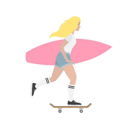 Vector flat cartoon illustration of skater girl with pink surf board isolated on white backgroundのイラスト素材