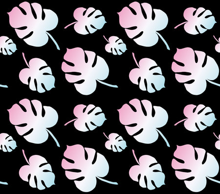 Vector seamless holographic pattern of monstera palm leaves isolated on black backgroundのイラスト素材