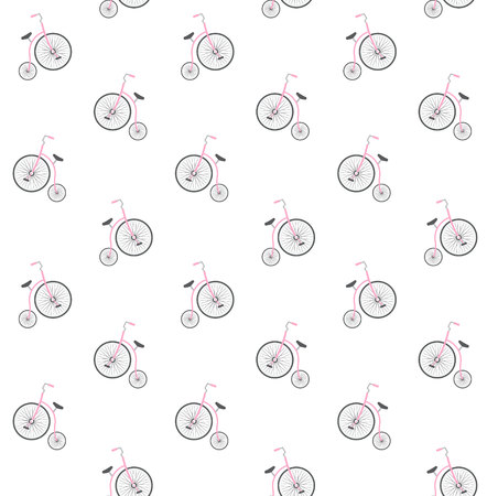 Vector seamless pattern of flat cartoon pastel pink one wheel retro bicycle isolated on white backgroundのイラスト素材