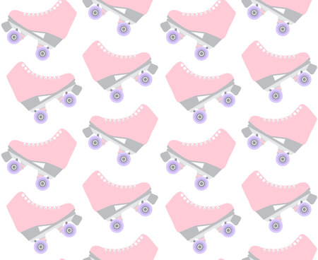 Vector seamless pattern of flat cartoon pastel pink roller skates isolated on white backgroundのイラスト素材