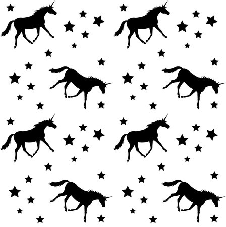 seamless vector unicorn black silhouette pattern with stars isolated on white backgroundのイラスト素材