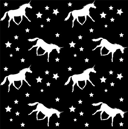 seamless vector unicorn white silhouette pattern with stars isolated on black backgroundのイラスト素材