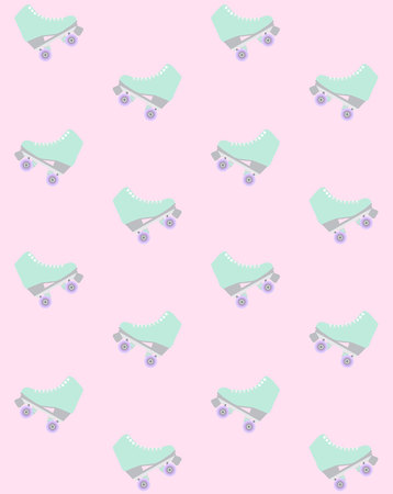 Vector seamless pattern of flat cartoon mint roller skates isolated on pink backgroundのイラスト素材