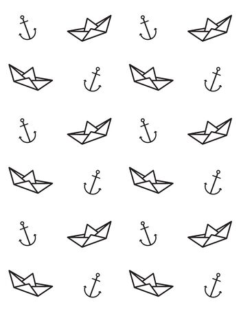 Vector seamless pattern of flat cartoon line paper boat and anchor isolated on white backgroundのイラスト素材