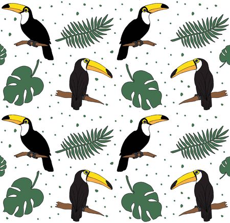 Vector seamless pattern of hand drawn doodle sketch toucan and palm leaves isolated on white backgroundのイラスト素材