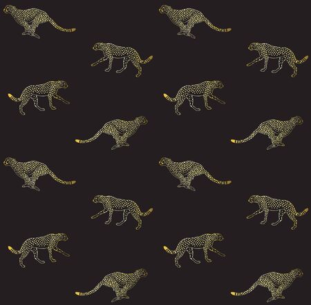 Vector seamless pattern of golden glitter hand drawn sketch doodle cheetah leopard isolated on black backgroundのイラスト素材